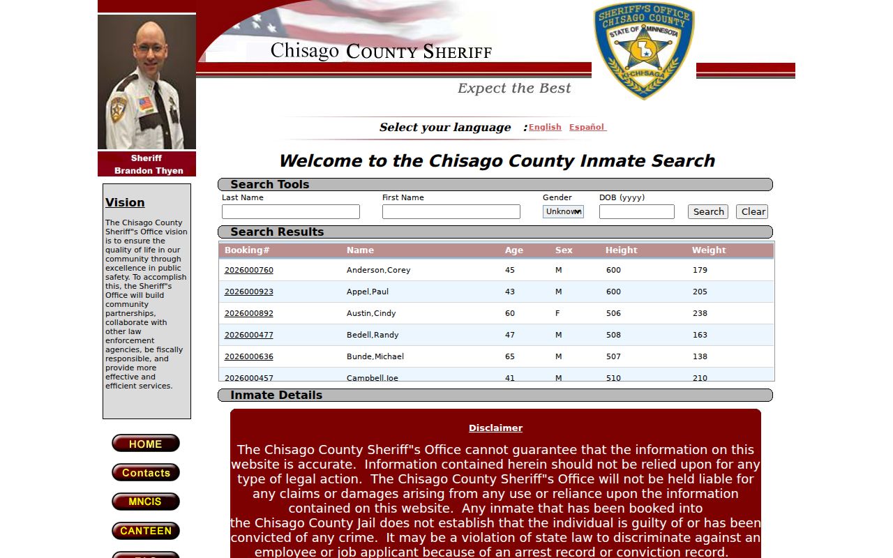 Blank Chisago County inmate locator used for custody checks, not for outstanding warrant records