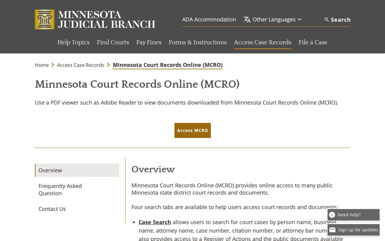 Minnesota Court Records Online page showing the Chisago County warrant case search options