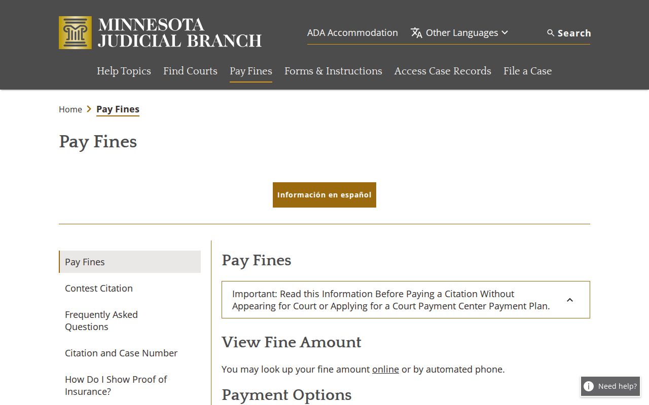 Minnesota court fine payment page showing Chisago County traffic warrant consequences