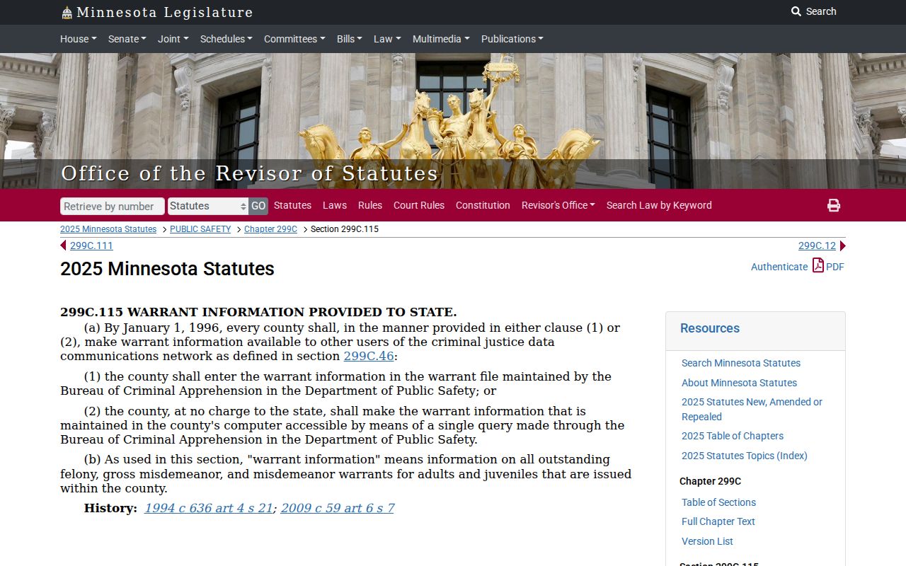 Minnesota statute on Chisago County warrant availability to the state criminal justice network