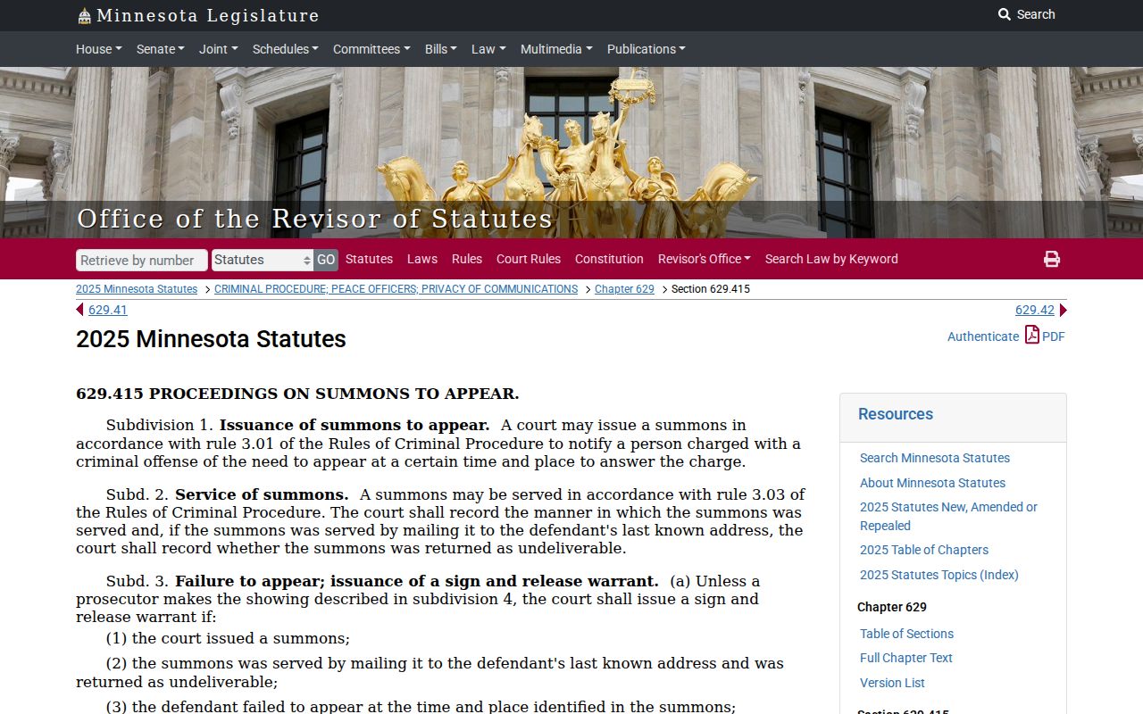Minnesota Statutes 629.415 sign-and-release warrant text relevant to Chisago County bench warrant records