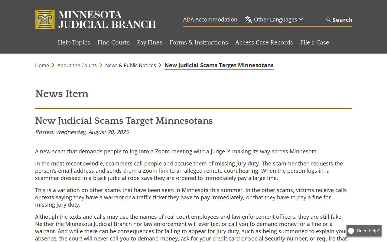 Chisago County warrant records scam warning published by the Minnesota Judicial Branch